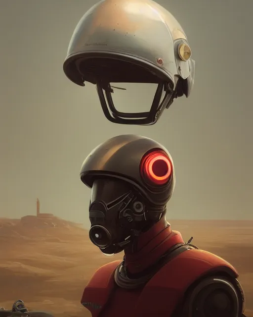 Image similar to portrait of sentient machine with oval helmet with a red chip on left side, by greg rutkowski, wlop, beeple, dan mumford, octane render, trending on artstation, symmetrical artwork. cinematic, key art, hyperrealism, high detail, 8 k