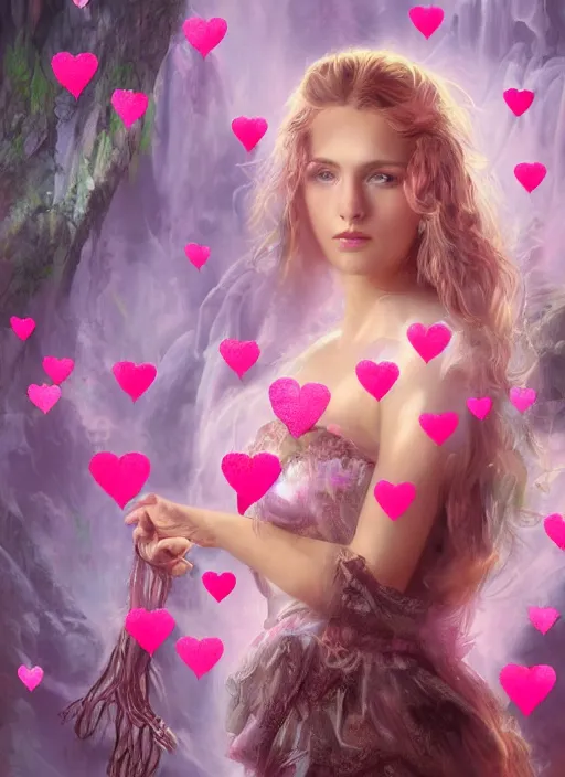 Prompt: a beautiful portrait of a beautiful woman surrounded by pink hearts and love, matte painting, fantasy art