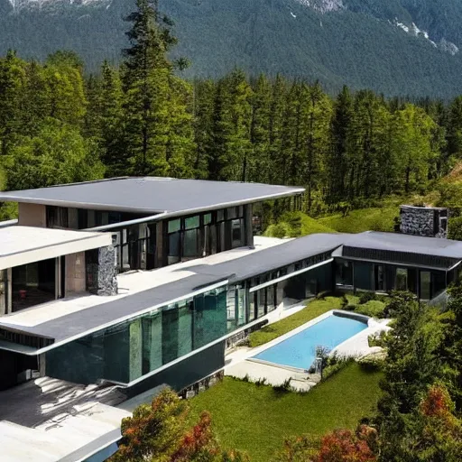 Image similar to modern mansion in forest and beautiful mountains in the background