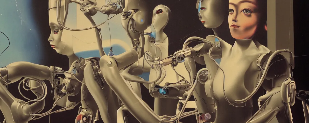 Prompt: a portrait of female young robotic ai artist painting onto a canvas in FANTASTIC PLANET La planète sauvage animation by René Laloux