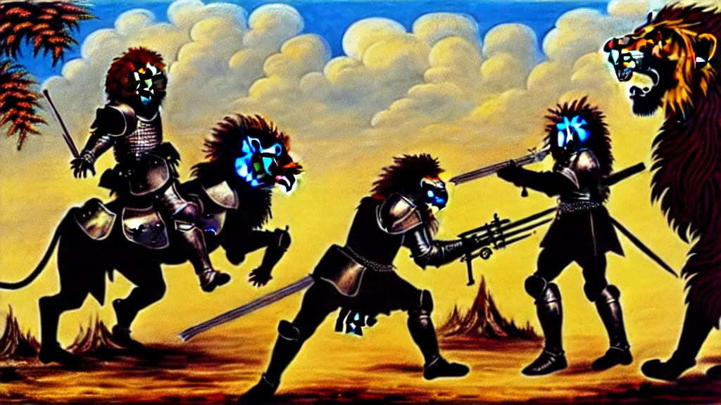 Image similar to fully armored knight wielding an automatic weapon fighting a lion in a medieval setting, painted by bob ross