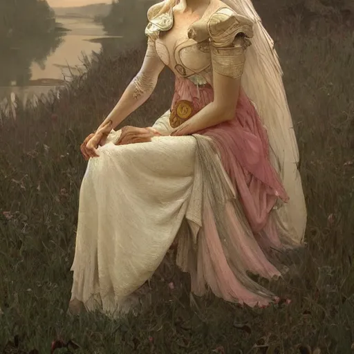 Prompt: A portrait of A beautiful!!! female knight sitting by the lake by greg rutkowski and alphonse mucha,In style of digital art illustration.Dark Fantasy.WLOP.hyper detailed,smooth, sharp focus,trending on artstation,4k