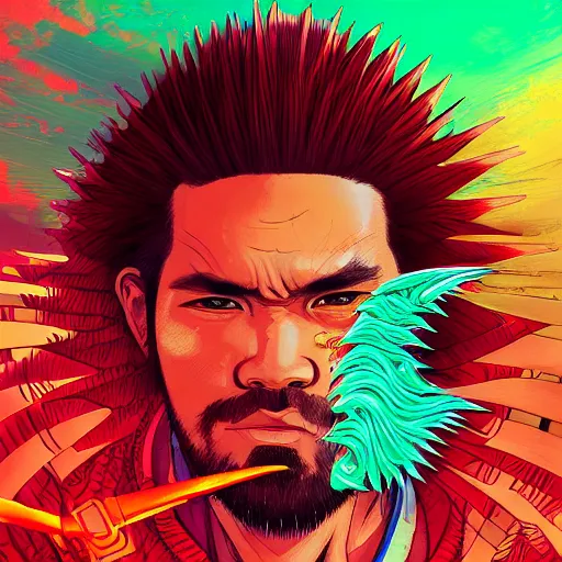 Prompt: portrait painting of a maori street samurai with spiky red hair, cyberpunk, glitchwave, vaporwave, sharp focus, award - winning, trending on artstation, masterpiece, highly detailed, intricate. art by josan gonzales and moebius