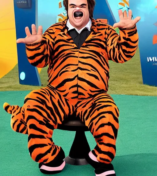 Image similar to jack black dressed as Tony the Tiger