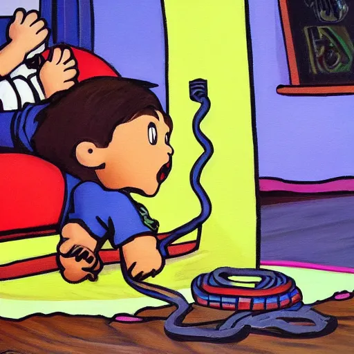 Prompt: a painting of a kid accidentally stepping on a cable and ruining a video game match in his living room high details