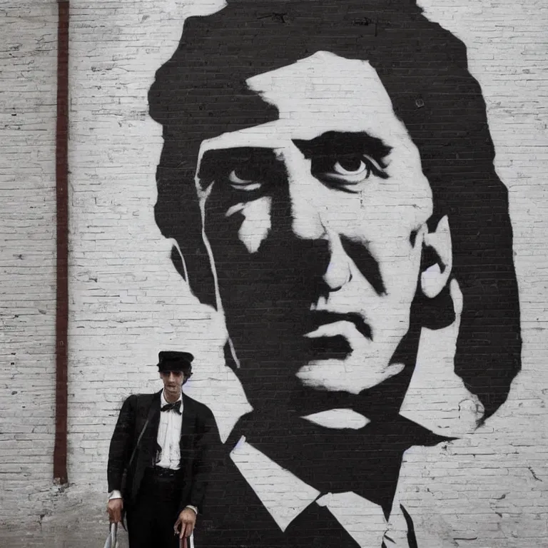 Image similar to Street-art portrait of Nikola Tesla in style of Banksy, photorealism