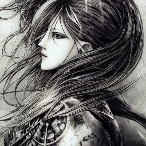 Prompt: Yoshitaka Amano realistic illustration of an anime girl with black eyes, wavy white hair fluttering in the wind and cracks on her face wearing Elden ring armour with engraving, abstract black and white patterns on the background, noisy film grain effect, highly detailed, Renaissance oil painting, weird portrait angle, blurred lost edges