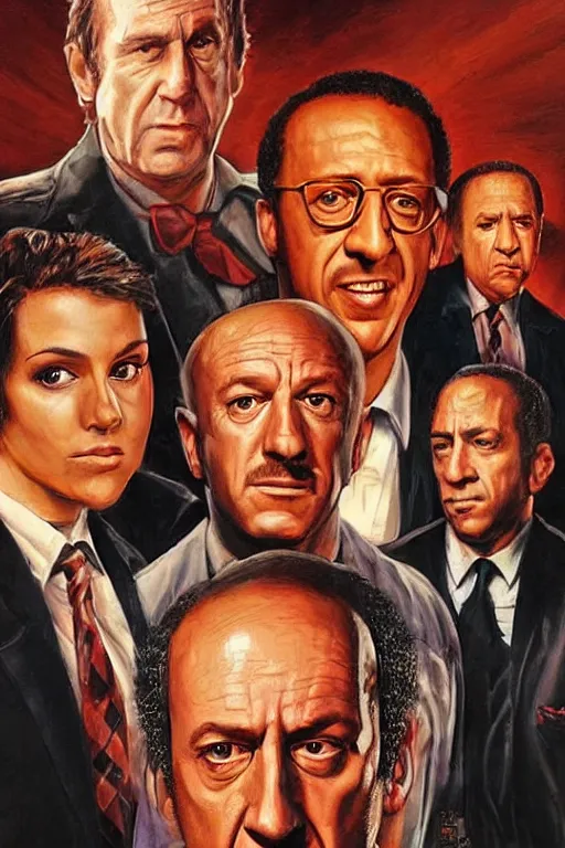 Image similar to drew struzan painting of saul goodman, mike ehrmantraut, kim wexler, and gustavo fring, hd, detailed, photorealistic, perfect likeness, 8 0 s movie poster, rim light