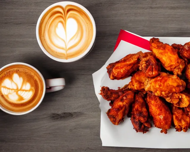 Image similar to hot wings covered in cheese next to a cup of coffee , Cinematic shot, 8k resolution