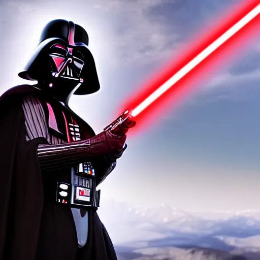 Image similar to darth vader piercing his red lightsaber into the chest of luke skywalker on top a mountain, wide angle shot, diffuse lighting, fantasy, intricate, elegant, highly detailed, lifelike, photorealistic, smooth, sharp focus, a 2 4! film cinematography, cinematic, hyper realism, high detail,