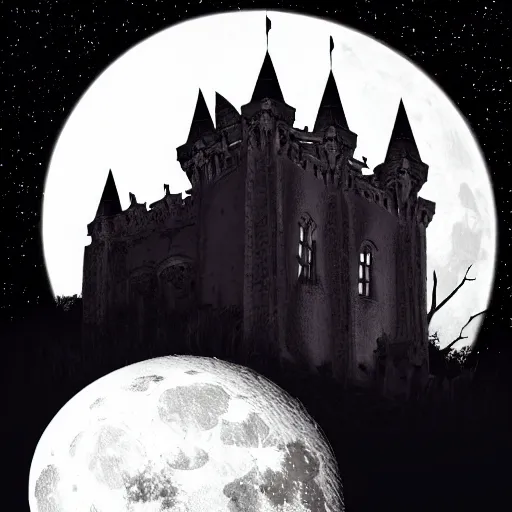Prompt: a vampires gothic castle on a dark and spooky full moon night