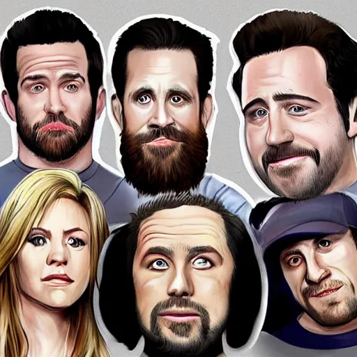 Image similar to the cast of its always sunny in philadelphia, photo realism, perfect face, realistic