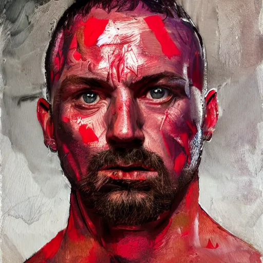 Prompt: Portrait of Mariusz Pudzianowski in the style of Disco Elysium, painting by Jenny Saville and Pavlo Guba, black and red monochromatic