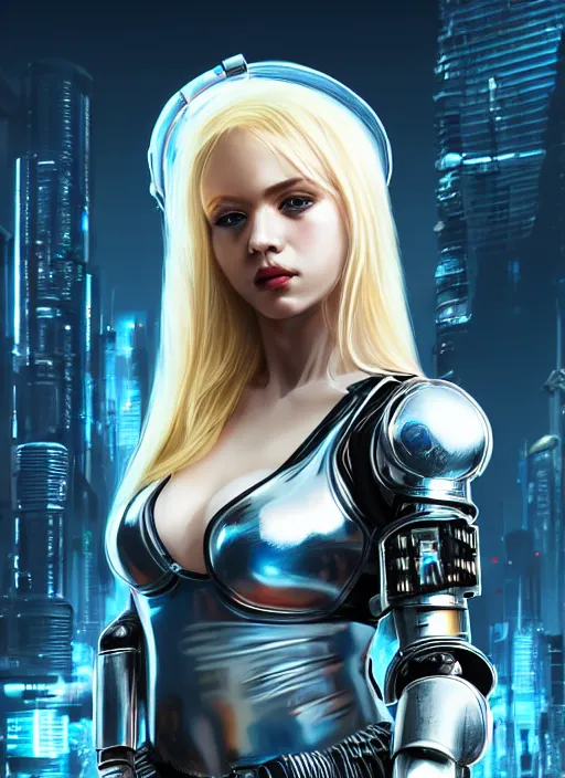 Prompt: photo of a cute blonde girl in cyberpunk city wearing plastic armor, realistic, sharp focus, 8 k high definition, insanely detailed, intricate, elegant, artgerm, greg kutkowski, high contrast dramatic lighting