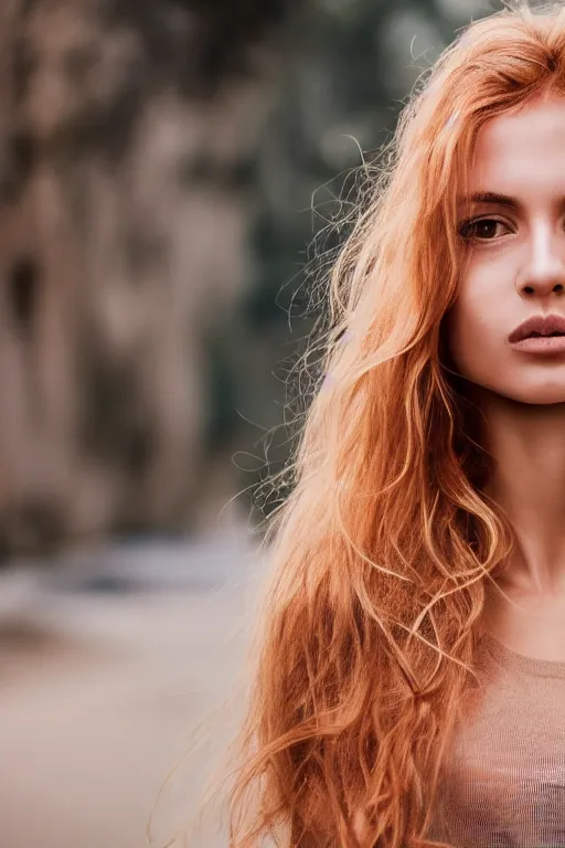 Image similar to olive skinned female model in her twenties with strawberry - blonde hair, wearing a designer top, looking content, focused on her neck, photo realistic, extreme detail skin, natural beauty, no filter, slr, golden hour, 4 k, high definition, selfie