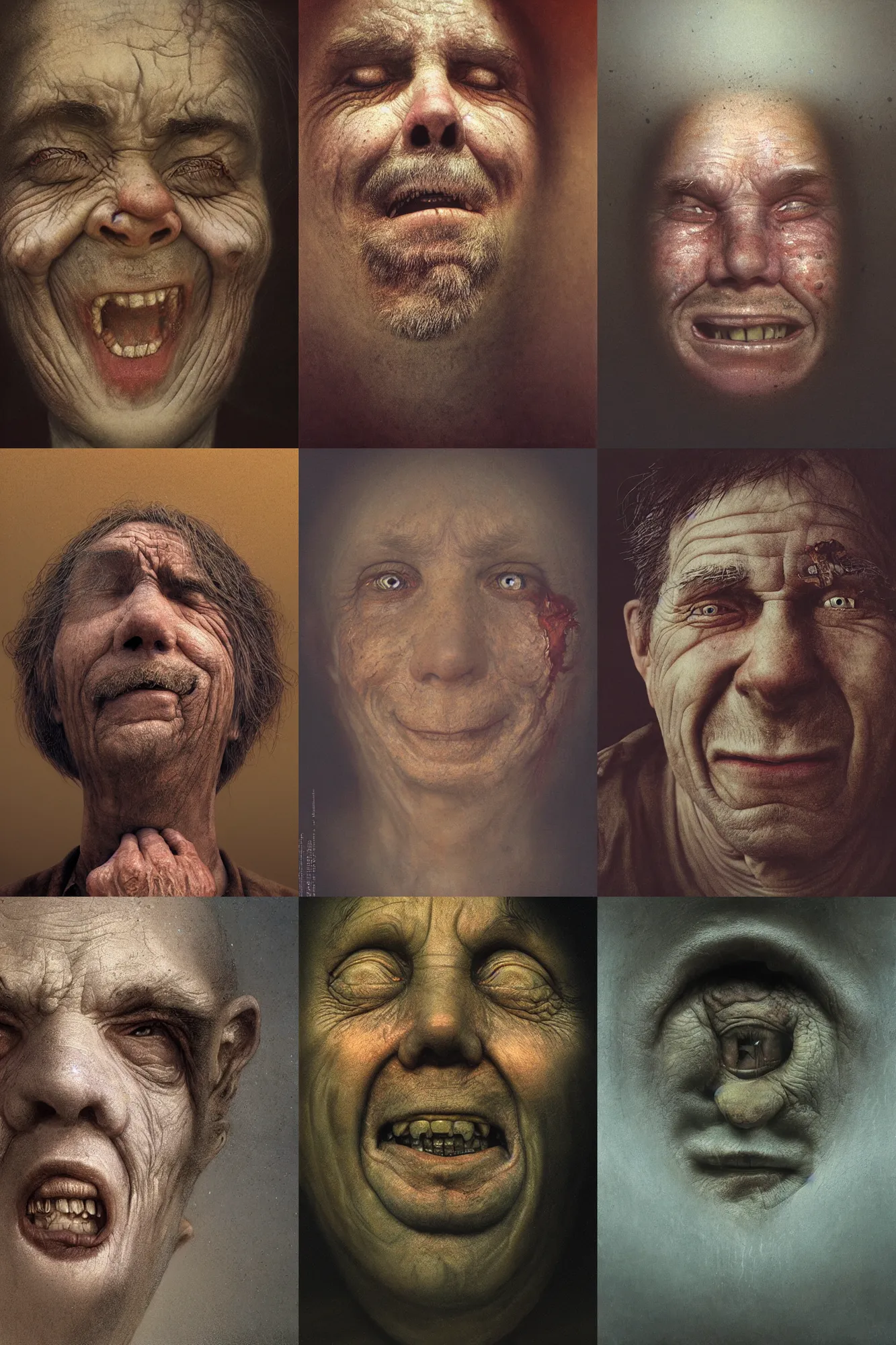 Prompt: close-up face portrait of a human crying and smiling, Les Edwards, Zdzislaw Beksinski, Carl Gustav Carus, John Harris, Michal Karcz, Zhang Kechun, Mikko Lagerstedt, Scott Listfield, Steven Outram, Jessica Rossier