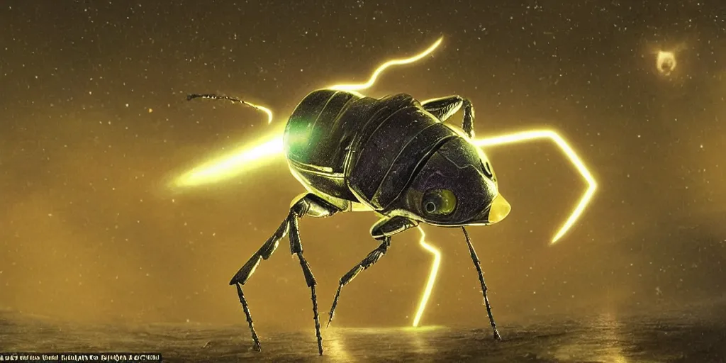 Image similar to lightning bug descendant 1 million in the future is a quadruped with big eyes. the bug wears a spacesuit, and explores the cosmos in a bug - shaped spaceship. science fiction blockbuster movie bugs save the planet or the bug from saturn, blade runner, rogue one