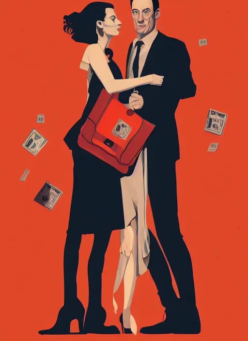 Image similar to poster artwork by Michael Whelan and Tomer Hanuka, Karol Bak of Naomi Watts & Jon Hamm husband & wife portrait, in the pose of 'Laughing Couple with a Money Purse' painting, from scene from Twin Peaks, clean, simple illustration, nostalgic, domestic, full of details