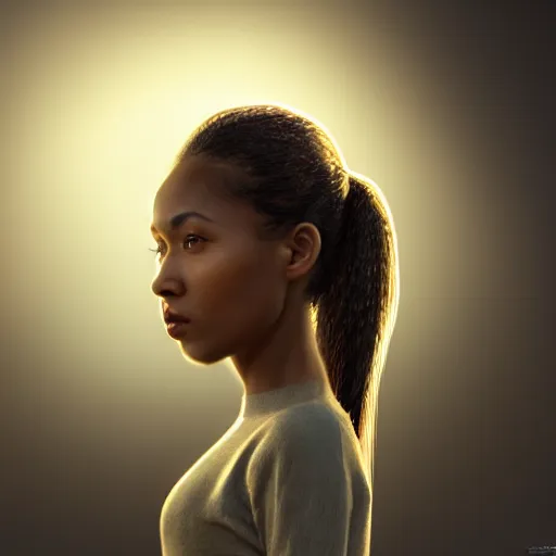 Image similar to a photorealistic hyperrealistic, bright brown eyes, light skinned african young girl, ponytail hair, flawless face, asian eyes, cute face, black turtle neck shirt, by wlop, artgerm, greg rutwoski, alphonse mucha, beautiful dynamic dramatic low - light moody lighting, cinematic atmosphere, artstation, concept design art, octane render, 8 k