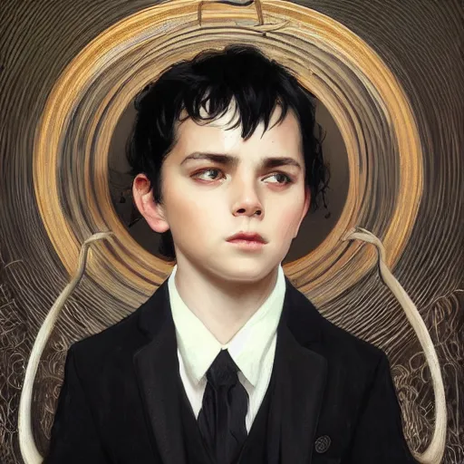 Image similar to portrait of a boy with goat horn, medium black hair, conductor, black suit, fantasy, intricate, elegant, highly detailed, digital painting, artstation, concept art, smooth, sharp focus, illustration, art by artgerm and greg rutkowski and alphonse mucha