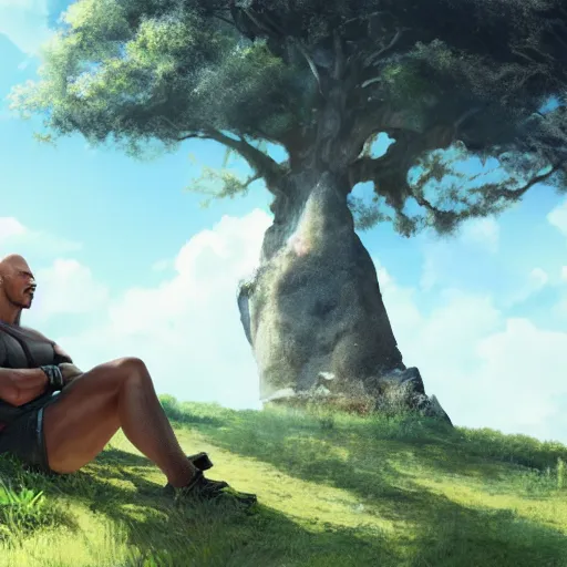 Prompt: photorealistic Dwayne Johnson sitting under a tree, anime key visual, film screenshot, cinestill 800t, trending on artstation, Greg rutkowski