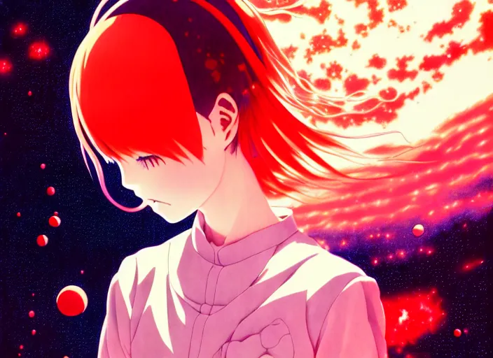 Prompt: anime full portrait of a young girl floating inside a nebula ,omoide emanon, tsuruta kenji, murata range,kawaii, kyoto animation, manga, intricate, detailed, studio lighting, orange red black white, gradation,editorial illustration, matte print, Ilya Kuvshinov