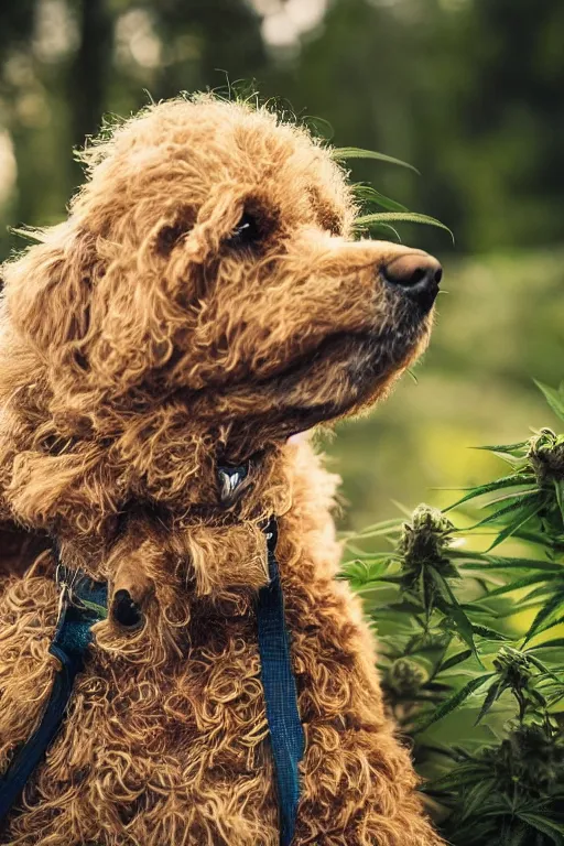 Image similar to national geographic professional photo of a cannabis dog, award winning, 4 k, highly detailed