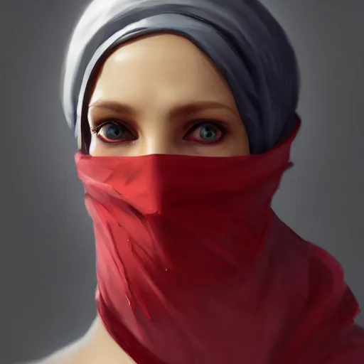 Prompt: woman with cloth covering her whole face, highly detailed, modern, digital art, red color, unreal engine, photorealism, cinematic lighting, 8k photorealistic, dramatic, trending on artstation, by Greg Rutkowski