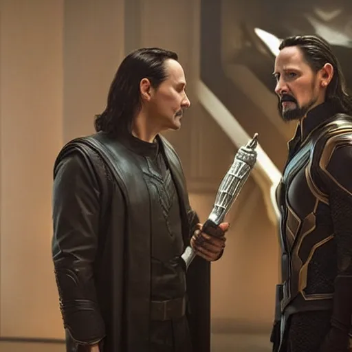 Image similar to film still of Keanu Reeves as Loki holding scepter in Avengers Endgame