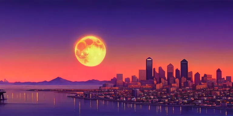 Image similar to an immaculate cinematic keyframe matte painting of a sleek 1 9 7 0 s vaporwave seattle at dusk with an oversized moon. by eric lafforgue, glennray tutor and edward hopper, greg rutkowski. trending on artstation.