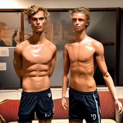 Image similar to a realistic detailed photo of a guy who is an attractive humanoid who is half robot and half humanoid, who is a male android, soccer player frenkie de jong, shiny skin, posing like a statue, blank stare, in a living room, on display, showing off his muscles, with a twin