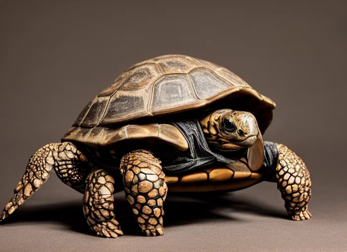 Image similar to photo still of a tortoise wearing a top hat and bowtie, 8 k, studio lighting bright ambient lighting key light, 8 5 mm f 1. 8