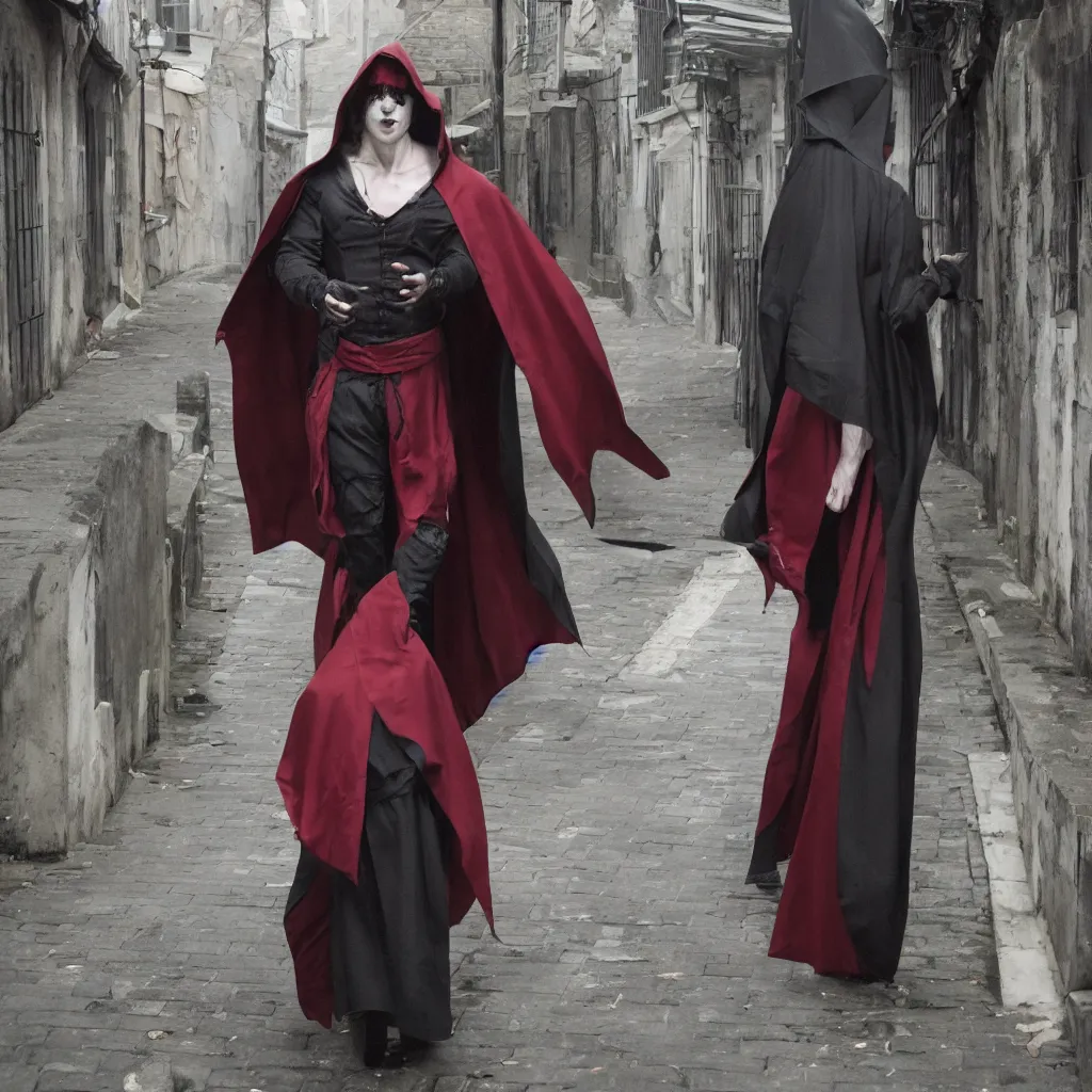 Image similar to a vampire thief wearing a cloak and covered in bandages walking through an alley.