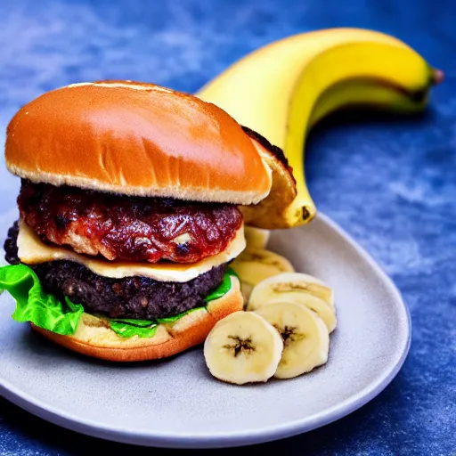 Prompt: delicious banana burger , 8k , mega high quality , professional food photography , award winning photo , foodporn