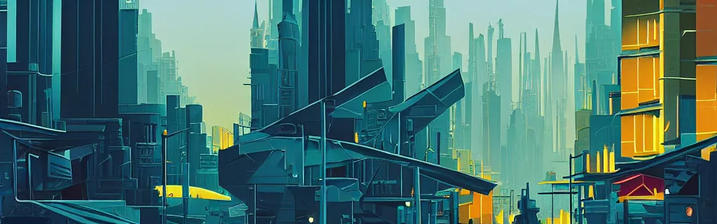 Image similar to sci - fi city street with faceted angular buildings, modernism, gouache, animated film, stylised, illustration, by eyvind earle, scott wills, genndy tartakovski, syd mead