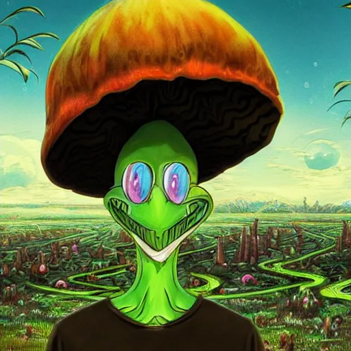 Image similar to A centered waist up portrait of a scary psychedelic godlike anthropomorphic frog smoking tobacco , magic mushroom village in background . award winning. superb resolution. in the art style of junji Ito and greg rutkowski . Detailed Mushroom city in background. Hyper realistic anime. Perfect art. Dalle2