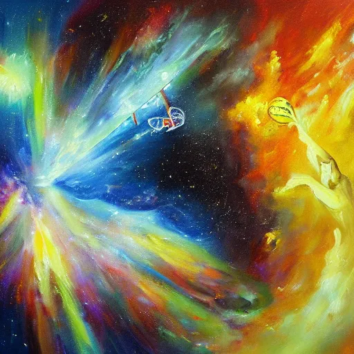 Image similar to an expressive oil painting of a basketball player dunking, depicted as an explosion of a nebula