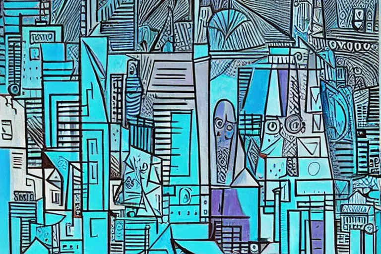 Prompt: cyberpunk city in the style of picasso's blue period