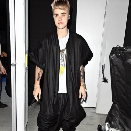 Prompt: justin bieber wearing a trashbag, cinematic style