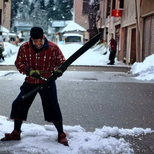 Prompt: an Italian-American man preparing to raid a Wendy's restaurant with a snow shovel in place of a buster sword, in the style of Samurai Jack