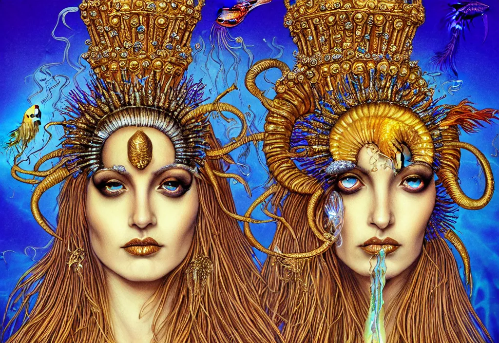 Image similar to isis goddess macro close - up portrait with extremely detailed crown made of ram skull dripping gold + betta fish + jellyfish, in the style of michael cheval, bioluminiscent, plasma, wind, creature