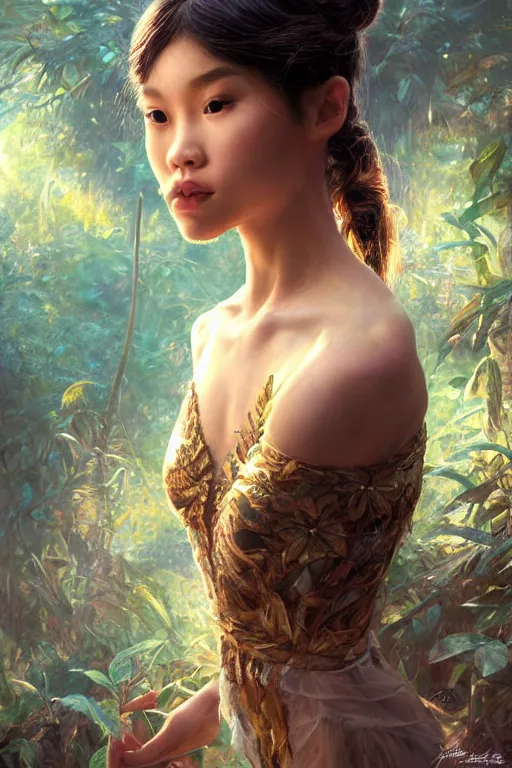 Image similar to stunningly beautiful, filipina prima ballerina in jungle, symmetrical face, golden hour, smooth, focus, highly detailed, hyper realistic, dramatic lighting, elegant, intricate, concept art, art by wlop, mars ravelo, greg rutowski, artstation