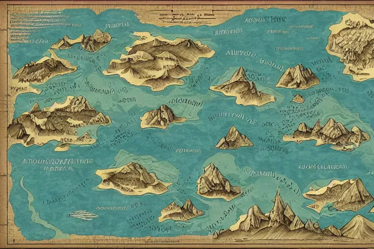 Image similar to imaginary map of an island, drawing of different elements in the lands, different realms, blueprint, infographic, on paper, natural colors, vintage, with notes, highly detailed, trending on artstation, fantasy art