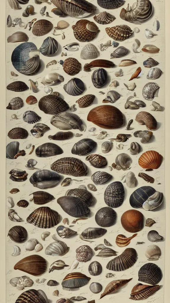 Image similar to a collection of sea shells, illustration by john james audubon circa 1 8 3 8