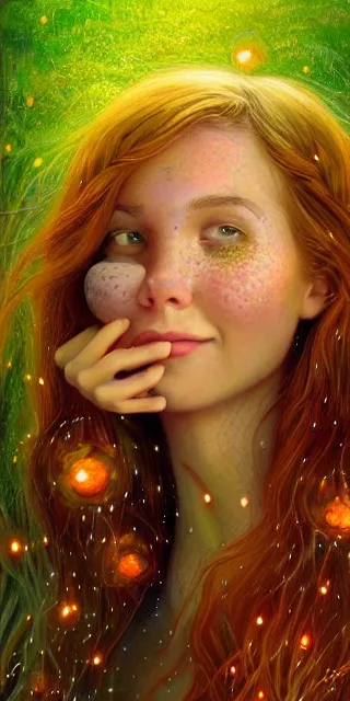 Image similar to infp young woman, smiling amazed, golden fireflies lights, sitting in the midst of nature fully covered, long loose red hair, intricate linework, bright accurate green eyes, small nose with freckles, oval shape face, realistic, expressive emotions, dramatic lights spiritual scene, hyper realistic art by michael cheval, jessica rossier, boris vallejo