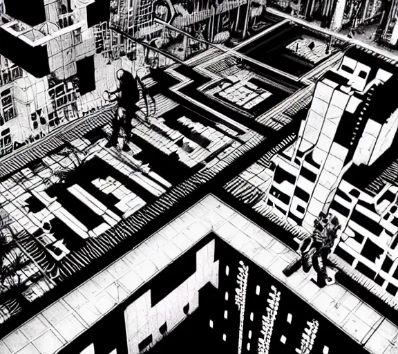 Image similar to a black and white illustration of a cyberpunk epic Friday night firefight in the style of MC Escher, Night City, cyberpunk 2077, 1979 OMNI Magazine Cover, street level neo-Tokyo in Cyberpunk 2045, 4k, 8k, HD, trending on artstation