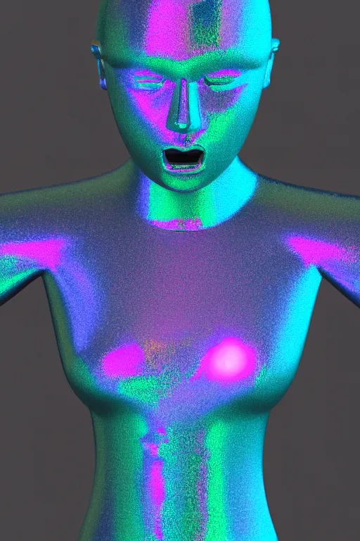 Image similar to 3d render of holographic angry human robotic screaming angry bust made of glossy iridescent, screaming, bust, surrealistic 3d illustration of a human non-binary, non binary model, 3d model human, cryengine, made of holographic texture, holographic material, holographic rainbow, concept of cyborg and artificial intelligence