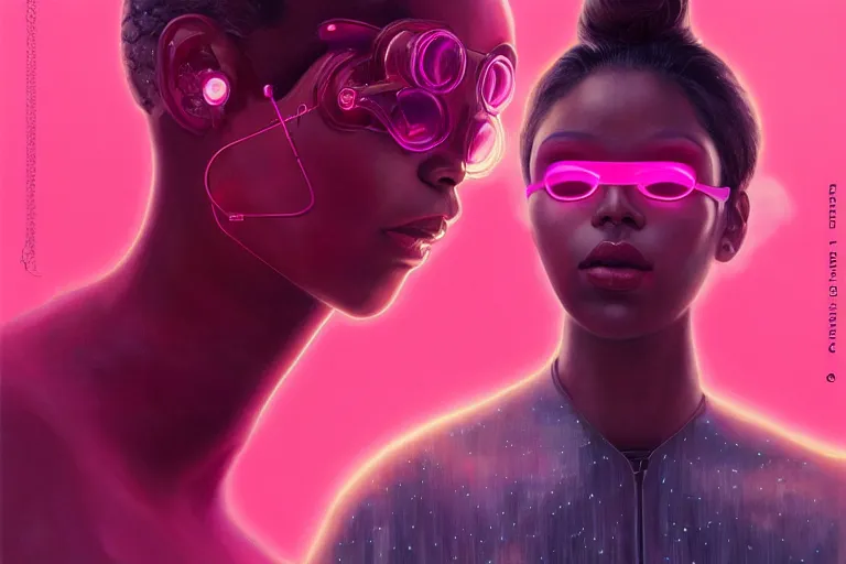 Image similar to patron saint 👩🏾, futuristic clothing, pink background, warped gravity, neon god of city character portrait, in the style of moebius, wlop, tom bagshaw, and waterhouse, cinematic lighting, beautiful, elegant, oil painting,