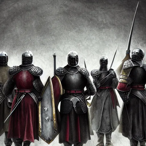 Image similar to realistic, 5 medieval knights, soldiers, in line, pikes, hellbards, banner, flag, mist, picture from behind, epic, digital art, illustration, fantasy, realistic sketch, dark