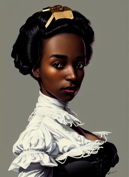 Image similar to a portrait of a young black woman with a crooked nose in victorian clothing, confident pose, intricate, elegant, sharp focus, illustration, highly detailed, concept art, matte, trending on artstation, anime, art by james jean and artgerm and brian despain and alberto mielgo, greg rutkowski, wlop, ilya kuvshinov, strong strokes